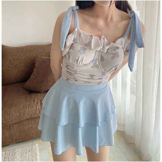 ビキニ 水著 海 プール 水色 ワンピース スカート スイムウェア クマ フリル L ライトブルー