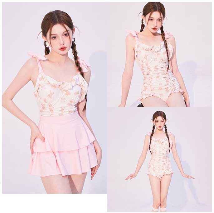 ビキニ 水著 海 プール 水色 ワンピース スカート スイムウェア クマ フリル L ライトブルー