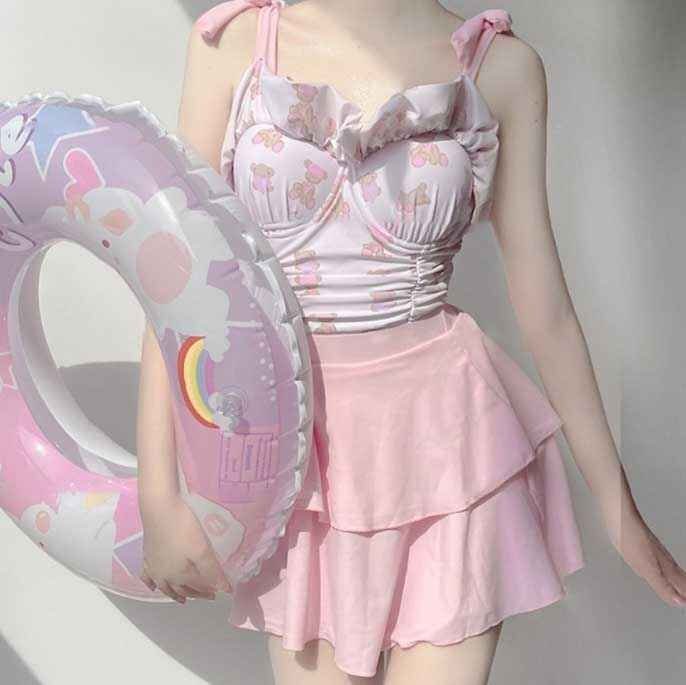 ビキニ 水著 海 プール 水色 ワンピース スカート スイムウェア クマ フリル L ライトブルー