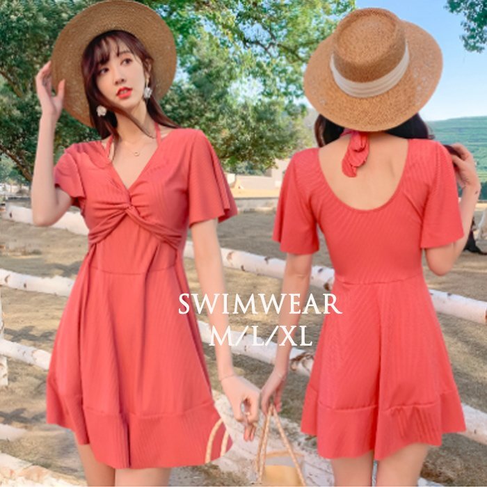 レディース水著 ワンピース水著 フリルスカート 背中見せ 袖あり 半袖水著 かわいい 無地 カジュアル L グリーン