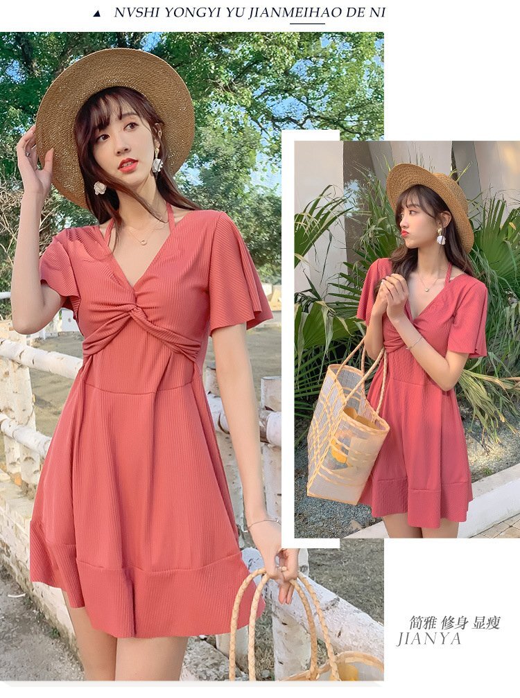 レディース水著 ワンピース水著 フリルスカート 背中見せ 袖あり 半袖水著 かわいい 無地 カジュアル L グリーン