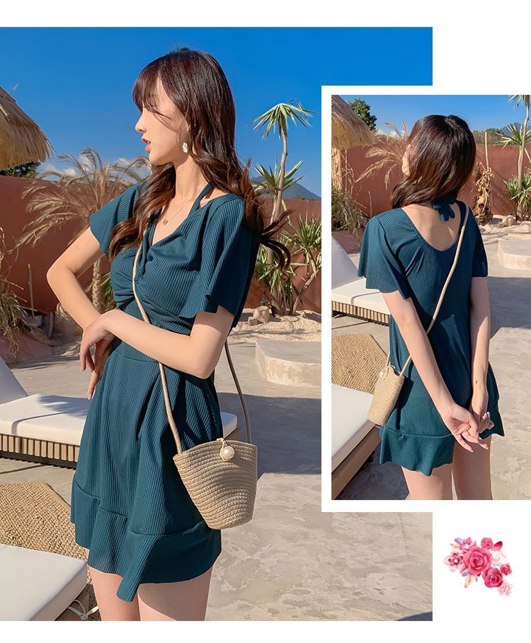 レディース水著 ワンピース水著 フリルスカート 背中見せ 袖あり 半袖水著 かわいい 無地 カジュアル L グリーン