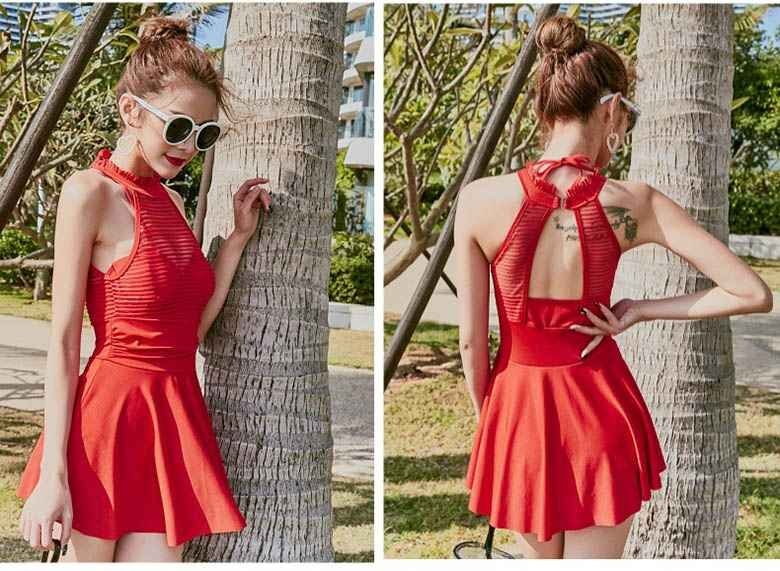 夏レディース オールインワン 水著 オープンバック ワンピース ワイヤー入 體型カバー L ネイビー