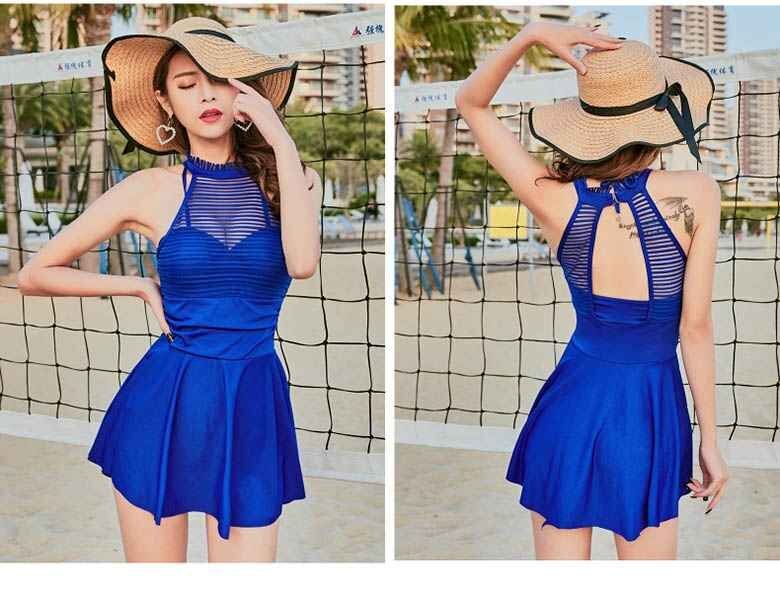 夏レディース オールインワン 水著 オープンバック ワンピース ワイヤー入 體型カバー L ネイビー