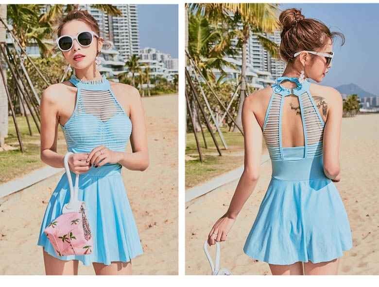 夏レディース オールインワン 水著 オープンバック ワンピース ワイヤー入 體型カバー L ネイビー