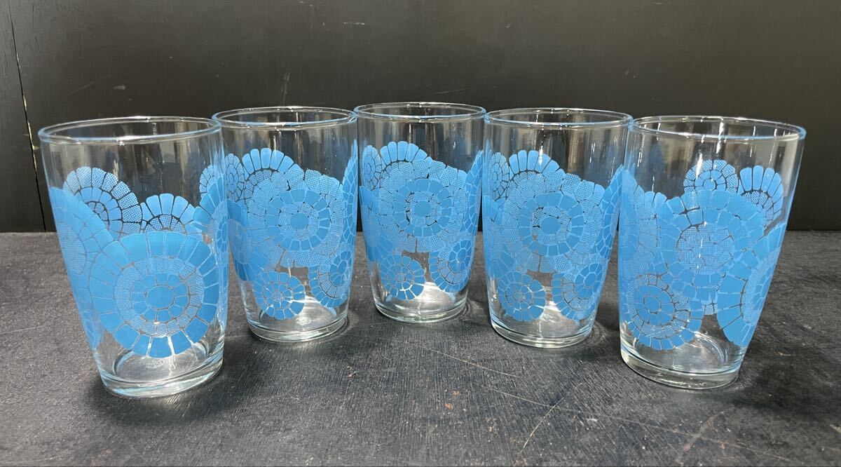 昭和レトロ 佐々木硝子 フリーラック Lovely TUMBLER SET 5 タンブラー グラス コップ 花柄 ブルー レトロポップ インテリア コレクション_画像3
