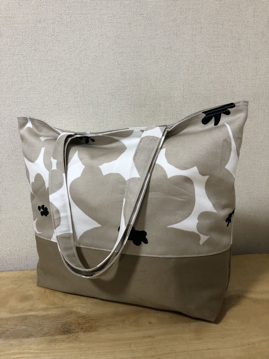 handmade ベージュ系花柄*大きめ肩掛けトートバック