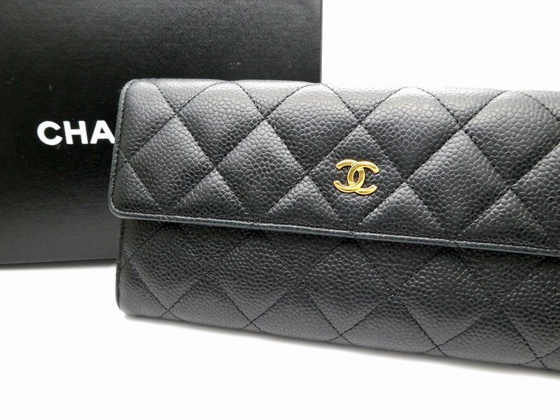 長財布 CHANEL シャネル マトラッセ ココマーク ロゴモチーフ キャビアスキン ブラック 付屬品有 ブランド小物 1円~　K0171