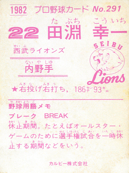 カルビー1982 田淵幸一(西武) レギュラーカード #291_画像2