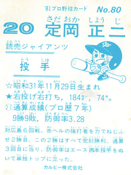 カルビー1981 定岡正二(巨人) レギュラーカード #80_画像2