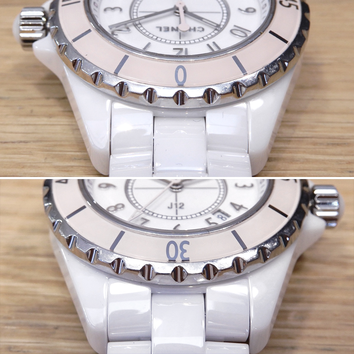 【超美品】シャネル J12 ホワイトセラミック 1200本限定 クオーツ ピンクベゼル H4467 14311_画像4