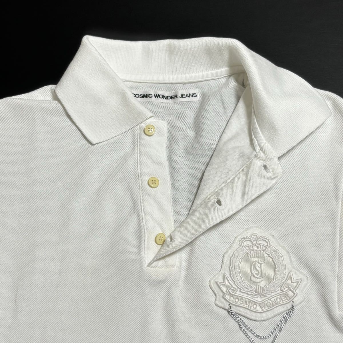 【美品】COSMIC WONDER JEANS コズミックワンダー 半袖 ポロシャツ ワッペンロゴ コットン 鹿の子 日本製 ホワイト メンズ 3(L)サイズ_画像5