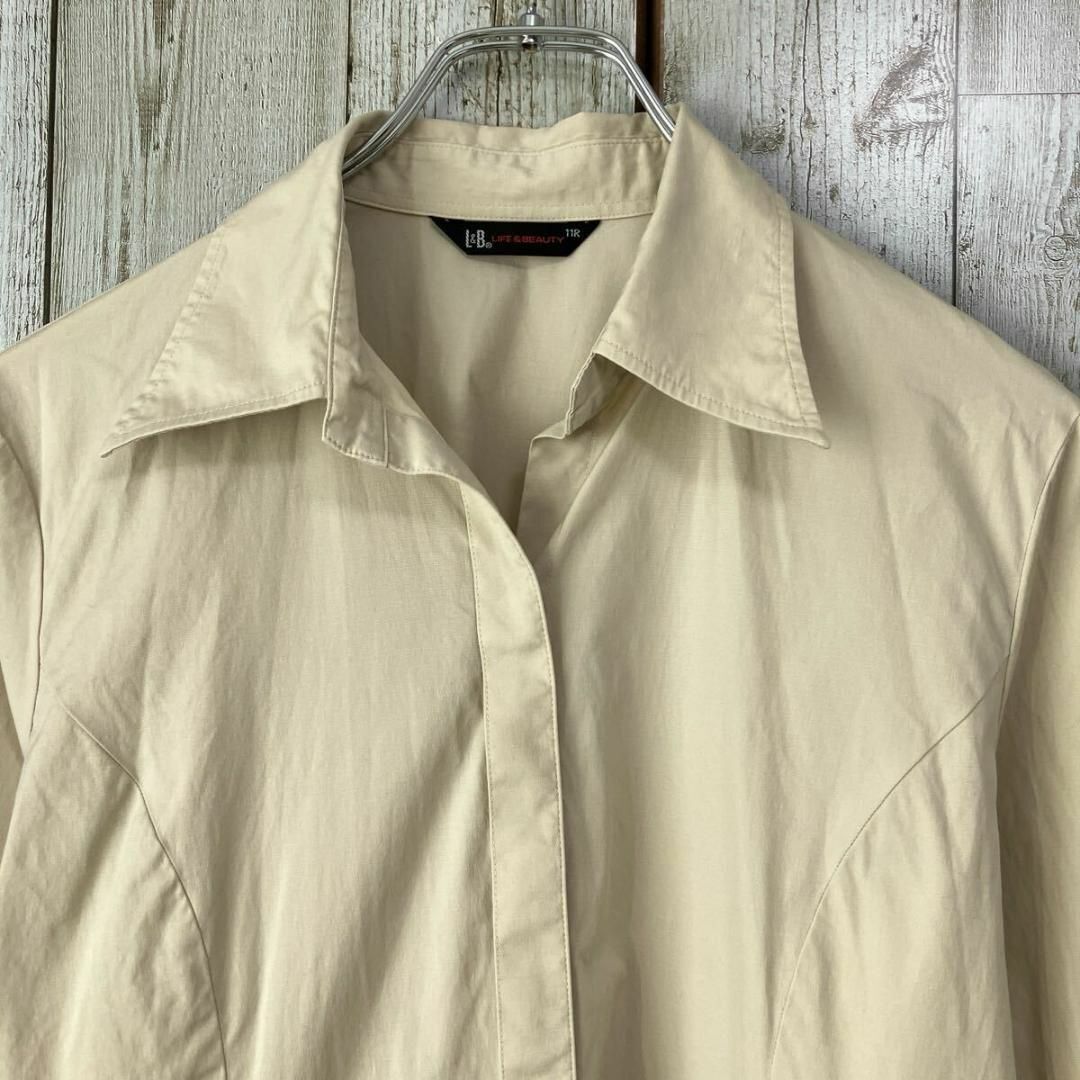 ☆LIFE&BEAUTY☆日本製☆スキッパー シャツ 比翼ボタン ベージュ 11号 M～L レディース 長袖 ストレッチ [送料無料☆匿名配送] t4743_画像2