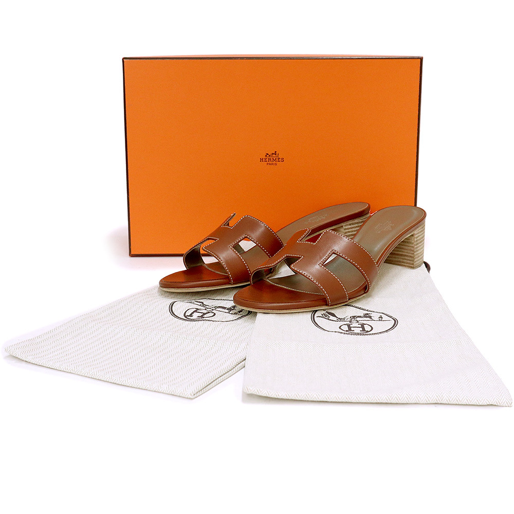 （美品）エルメス HERMES オアジス サンダル 靴 #39.5 25.5cm カーフスキン レザー Gold ゴールド ブラウン 茶 箱付