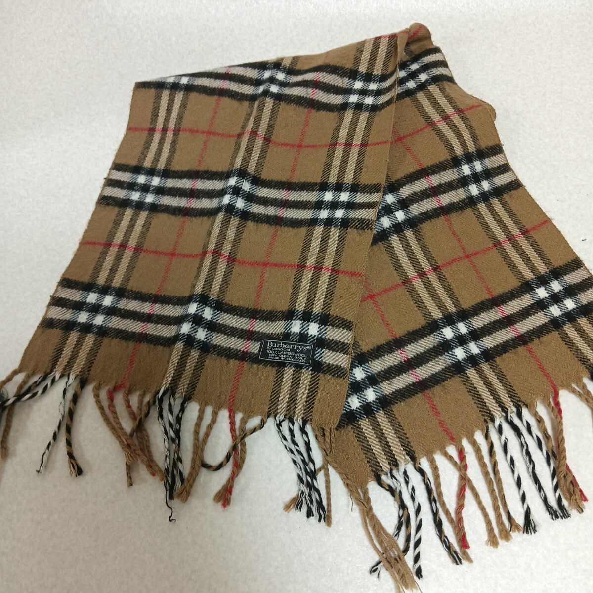 S[ BURBERRY]バーバリー　マフラー　チェック柄　 ストール　定番カラー　 ラムウール　大人気　茶色　フリンジ　海外ブランド