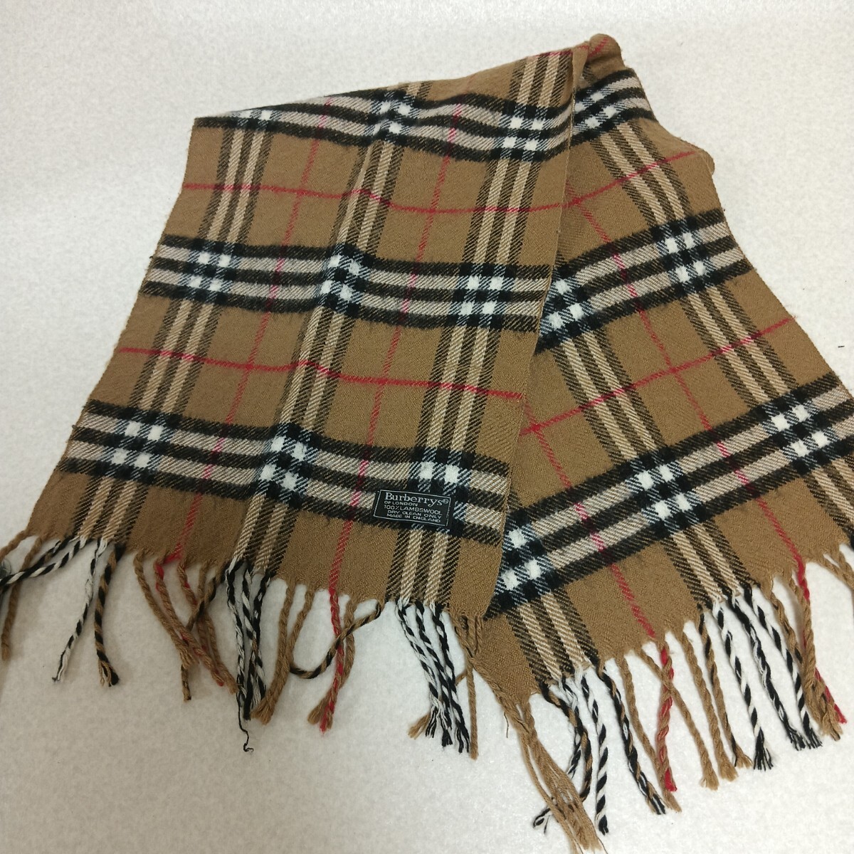 S[ BURBERRY]バーバリー　マフラー　チェック柄　 ストール　定番カラー　 ラムウール　大人気　茶色　フリンジ　海外ブランド
