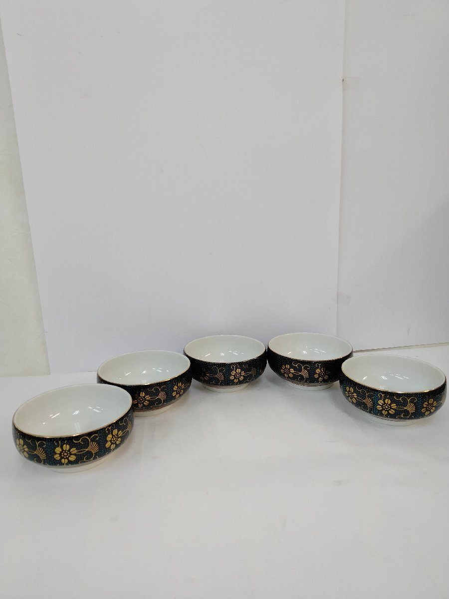 有田焼 青粒鉄仙 湯呑み5客 青 金 植物柄 茶 茶道 チャワン_画像1