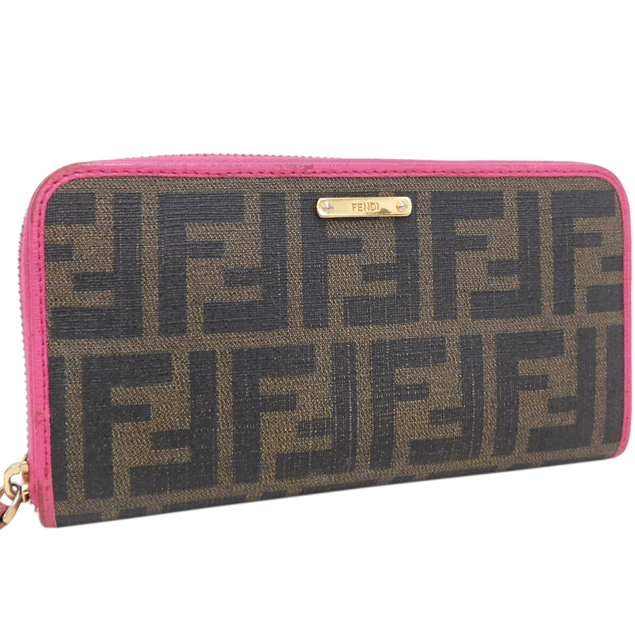 1円■ 美品 フェンディ ラウンドファスナー長(zhǎng)財(cái)布 ブラウン系×ピンク系 PVC×レザー ズッカ FENDI ■E.Csm.pS-17