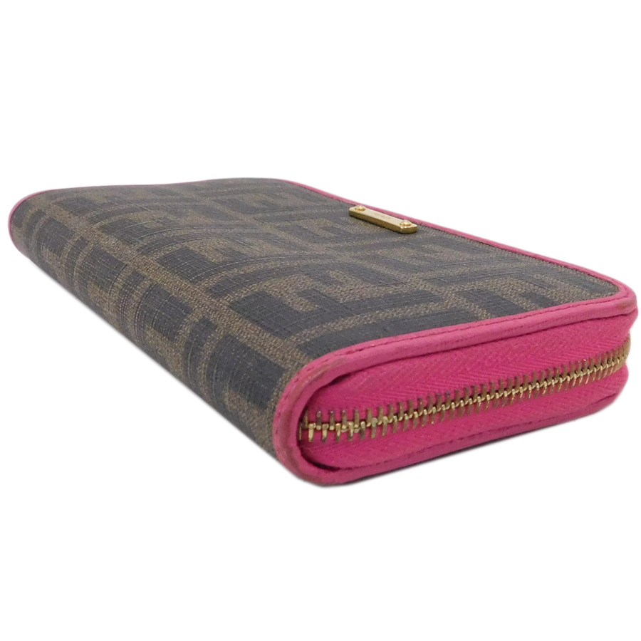 1円■ 美品 フェンディ ラウンドファスナー長(zhǎng)財(cái)布 ブラウン系×ピンク系 PVC×レザー ズッカ FENDI ■E.Csm.pS-17