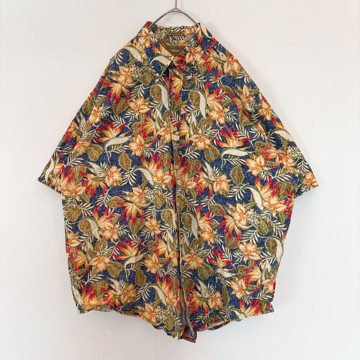 US古着 アロハシャツ ハワイアン ボタンダウン 総柄 花柄 リーフ 男女兼用 ユニセックス 柄シャツ Lサイズ 大きいサイズ_画像2