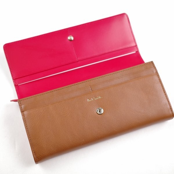 新品1円～★定2.6萬 ポールスミス Paul Smith 箱付 牛革レザー二つ折り長財布 ロングウォレット かぶせ ダブルステッチディテール ◆4747◆