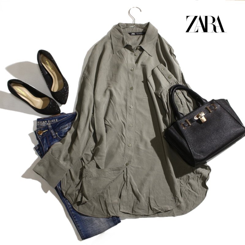ZARA ザラ 合物 落ち感 とろみ ゆったり レーヨン ビッグ 長袖 シャツ M カーキ グリーン 緑 ロングシャツ モロッコ製 カジュアル_画像1
