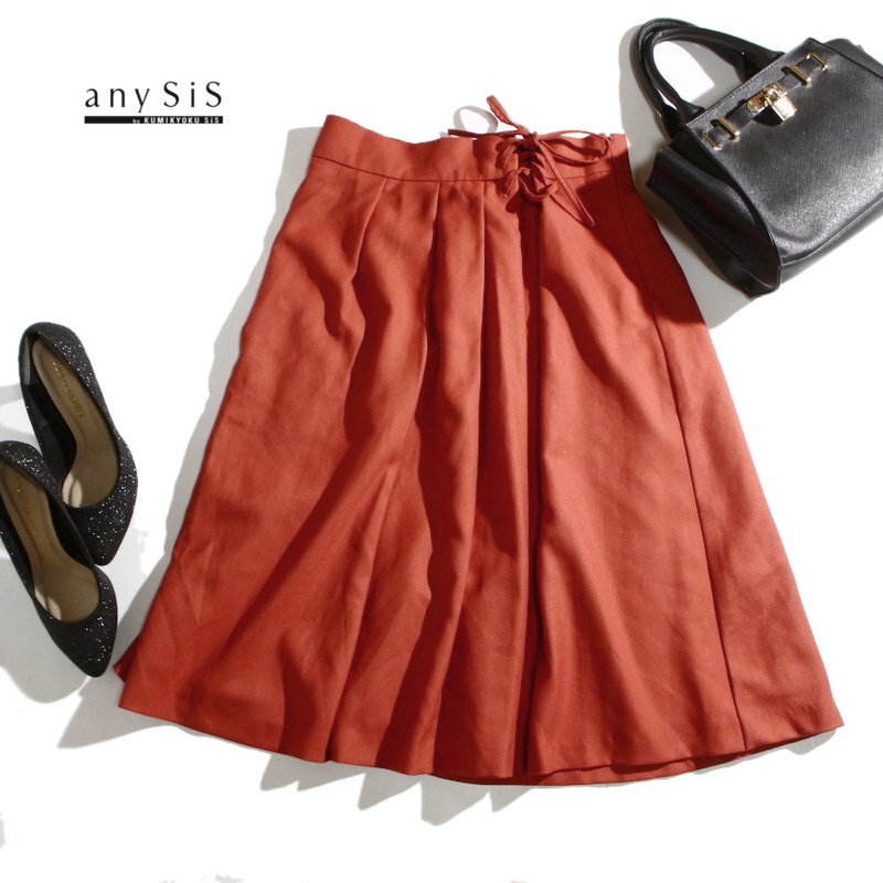 美品 エニィスィス any SiS 組曲 株)オンワード樫山 秋 冬 ウールライク ポリエステル フレアスカート 3 濃い オレンジ L レースアップ