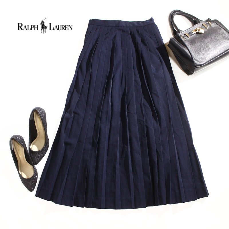 美品 正規(guī) ラルフローレン RALPH LAUREN 毛100％ ミディ ミモレ丈 膝下 プリーツスカート フレアスカート 9號 ネイビー 紺 ウールスカート