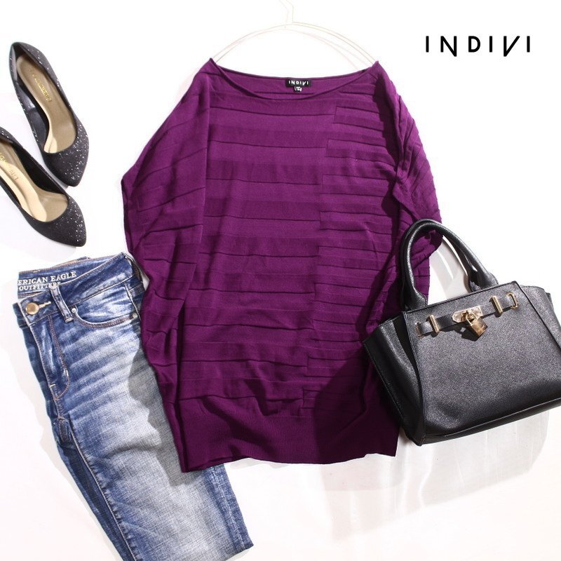 美品 インディヴィ INDIVI 株) ワールド 合物 凸凹 ボーダー柄 ドルマンスリーブ 半袖 ストレッチ ニットカットソー 9号 38 パープル 紫_画像1