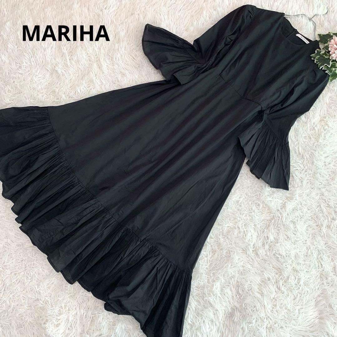 MARIHA【木陰のドレス/ロングワンピース】S フリル ギャザー 手洗い可 フレア Ａライン 長袖 ボリューム 秋 春 黒:ブラック マリハ_画像1