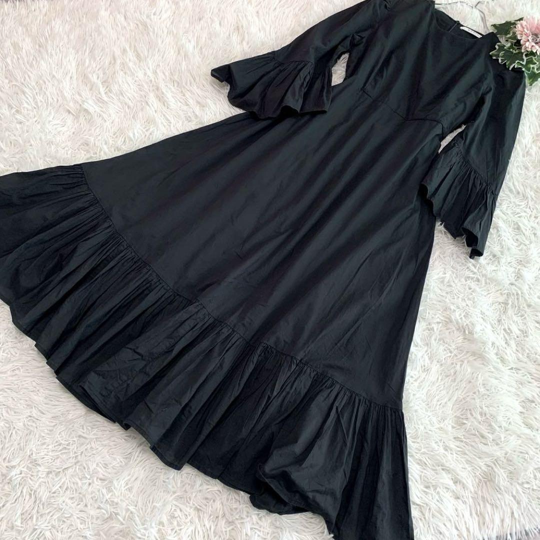 MARIHA【木陰のドレス/ロングワンピース】S フリル ギャザー 手洗い可 フレア Ａライン 長袖 ボリューム 秋 春 黒:ブラック マリハ_画像3