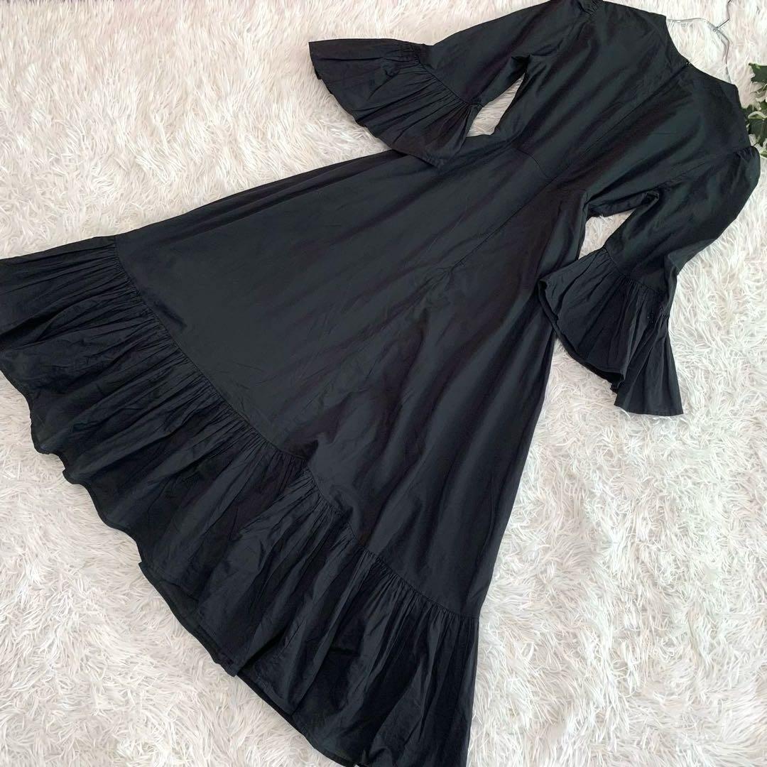 MARIHA【木陰のドレス/ロングワンピース】S フリル ギャザー 手洗い可 フレア Ａライン 長袖 ボリューム 秋 春 黒:ブラック マリハ_画像7