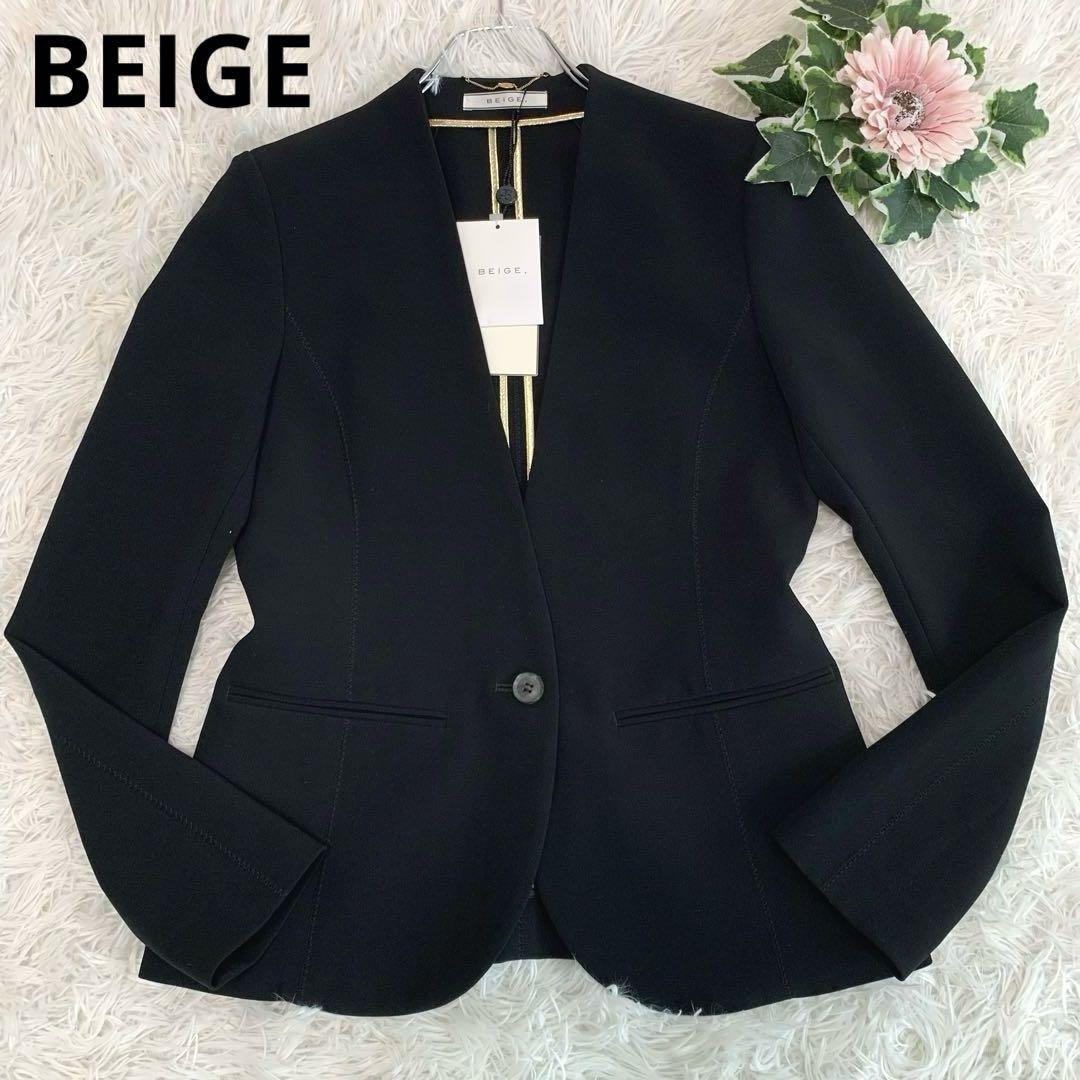 極美品◆BEIGE【洗える/ストレッチ◆ノーカラージャケット/羽織り】M相当 伸縮性 ウォッシャブル ブラック:黒 レディース 秋 春 ベイジ_画像1