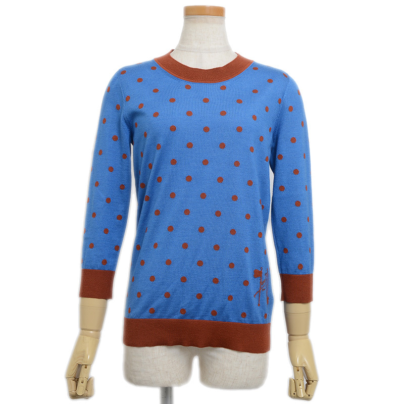 値下げ エルメス ニット 7分袖 ドット柄 カシミヤ/シルク ブルー/ブラウン レディース 36サイズ