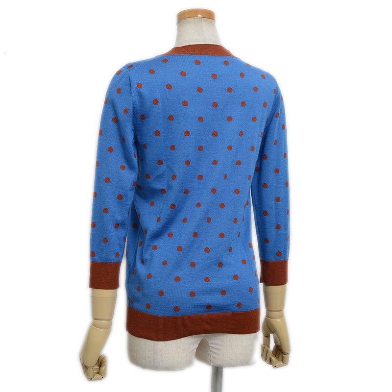 値下げ エルメス ニット 7分袖 ドット柄 カシミヤ/シルク ブルー/ブラウン レディース 36サイズ