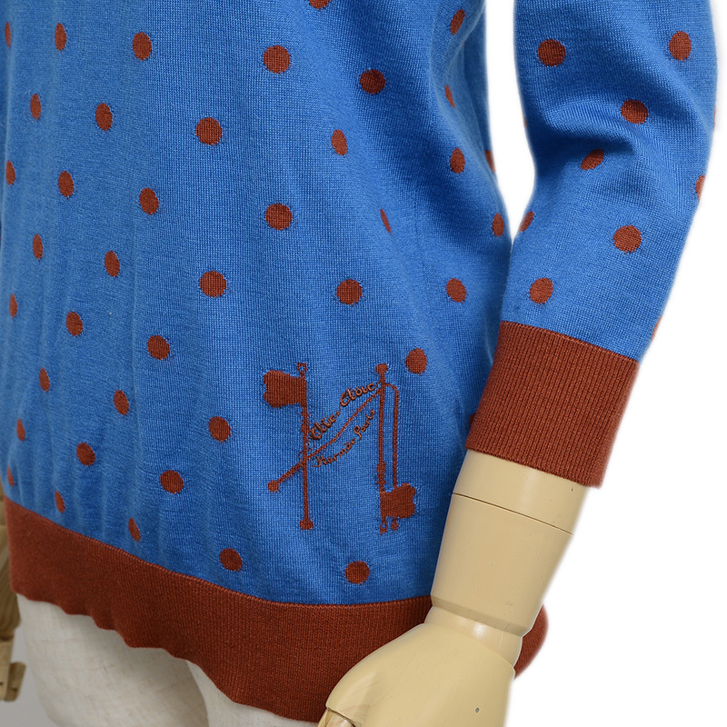 値下げ エルメス ニット 7分袖 ドット柄 カシミヤ/シルク ブルー/ブラウン レディース 36サイズ