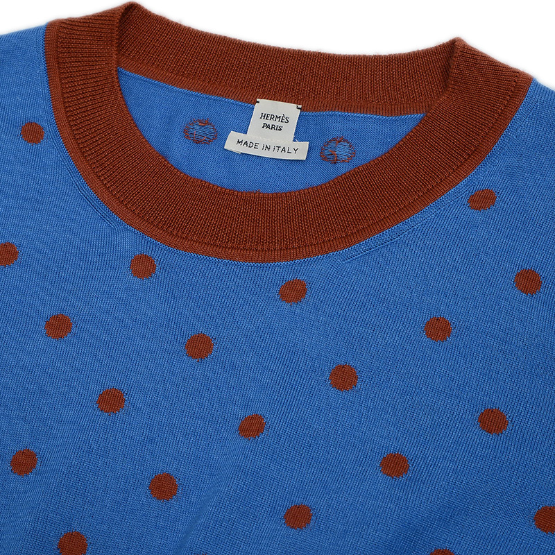 値下げ エルメス ニット 7分袖 ドット柄 カシミヤ/シルク ブルー/ブラウン レディース 36サイズ