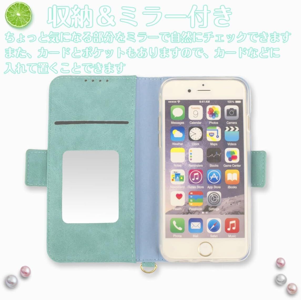 arrows We2 ケース 緑 グリーン M07 FCG02 F52E 手帳型 おしゃれ かわいい スマホケース カバー ミラー 鏡 ストラップ付 レザー 送料無料_画像2