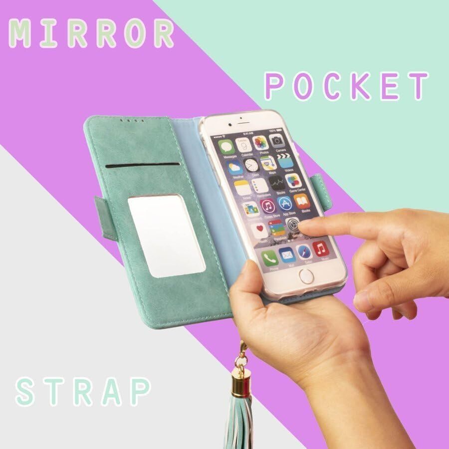 arrows We2 ケース 緑 グリーン M07 FCG02 F52E 手帳型 おしゃれ かわいい スマホケース カバー ミラー 鏡 ストラップ付 レザー 送料無料_画像6
