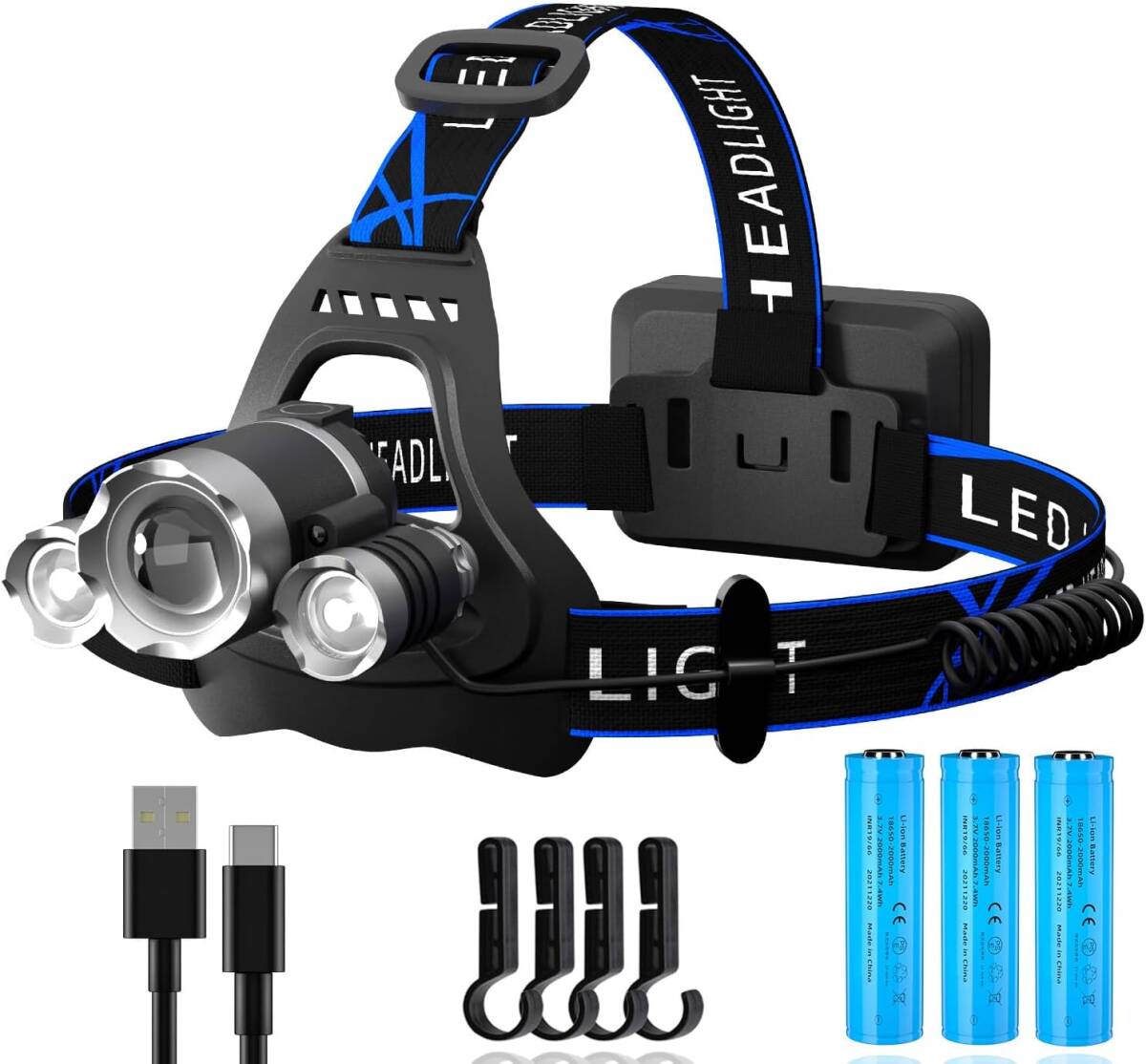 ヘッドライト 4種類USB充電式 ヘッドランプ 大容量 ヘッド?ライト ズーム式 6種點(diǎn)燈モード 白＆赤 后部認(rèn)識燈 アウトドア用 