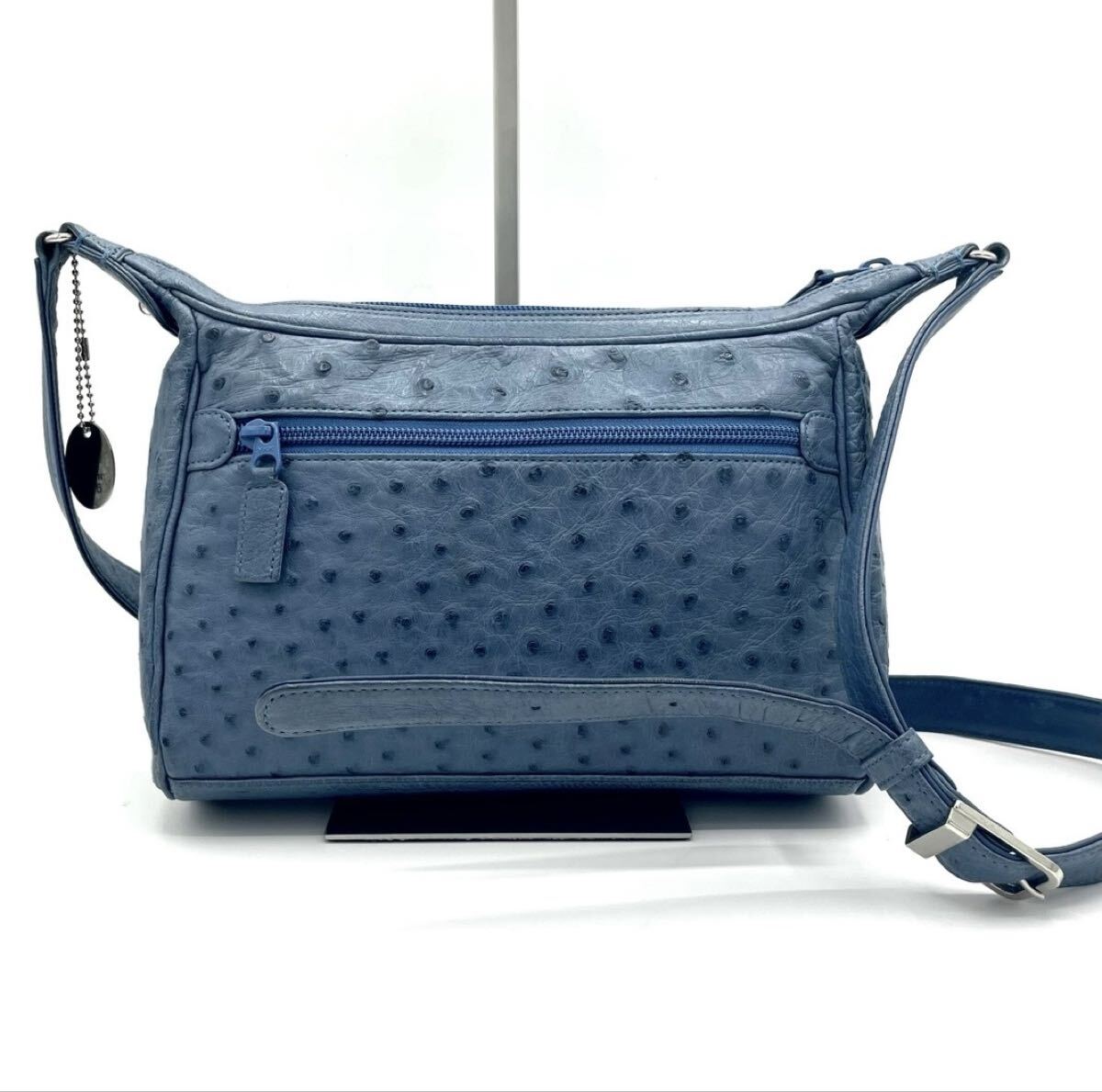 【JRA 高級】 オーストリッチ ショルダーバッグ ブルー 青 肩掛け 斜め掛け エキゾチックレザー ダチョウ革 駝鳥 レディース 2559_画像3