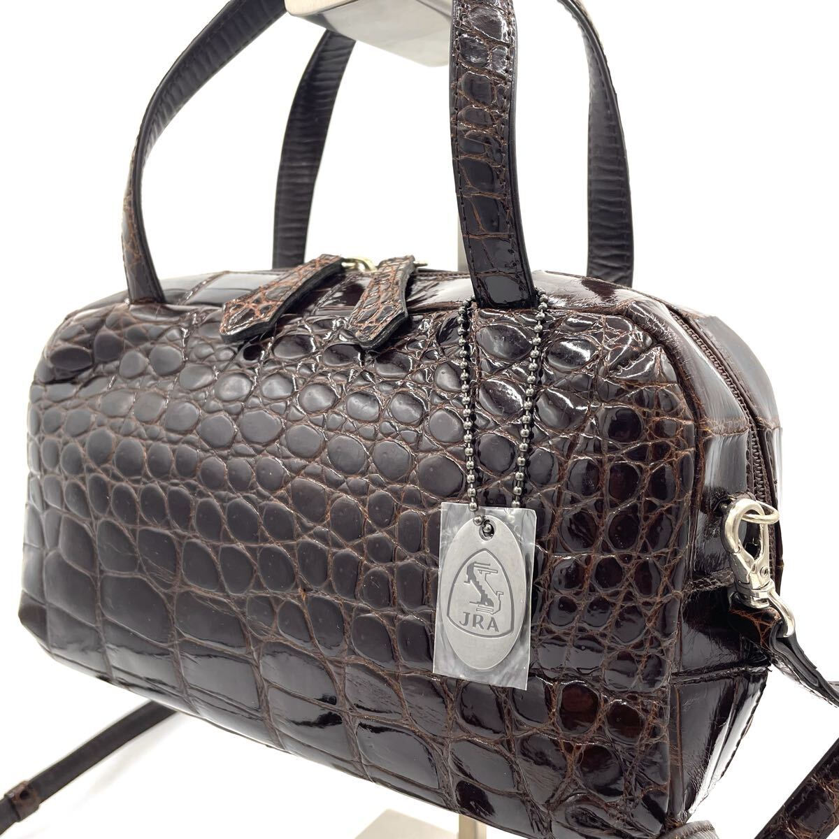 【美品 JRA】クロコダイル ハンドバッグ 2way ショルダー シャイニング クロコ エキゾチックレザー ワニ革 鰐革 ボルドー レディース 2606