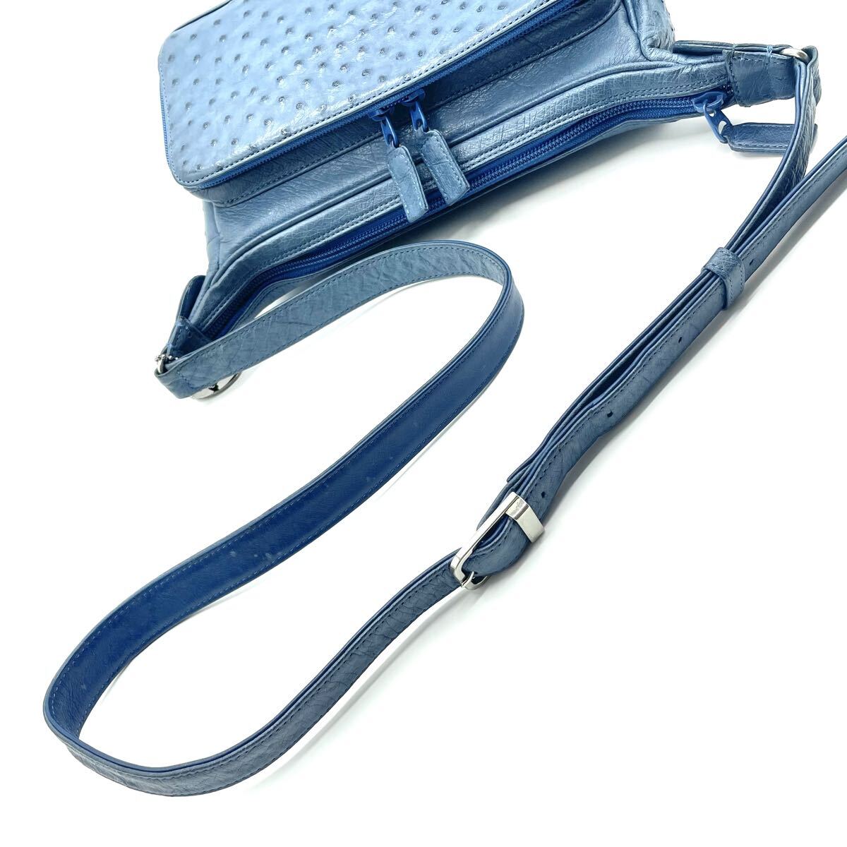 【JRA 高級】 オーストリッチ ショルダーバッグ ブルー 青 肩掛け 斜め掛け エキゾチックレザー ダチョウ革 駝鳥 レディース 2559_画像7