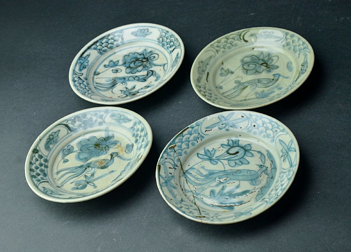 【YB】明代呉須青花花鳥紋盤四件組?南京染付 ★中國古玩骨董25Y895-2