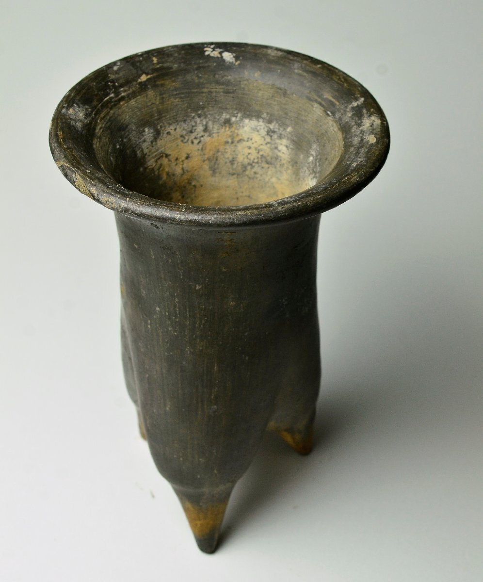 【YB】古代研磨土器（新石器時代?約3000年前）夏家店下層文化系の黒色灰陶鬲（レキ）研磨土器　年代保証　紀元前6000年前后