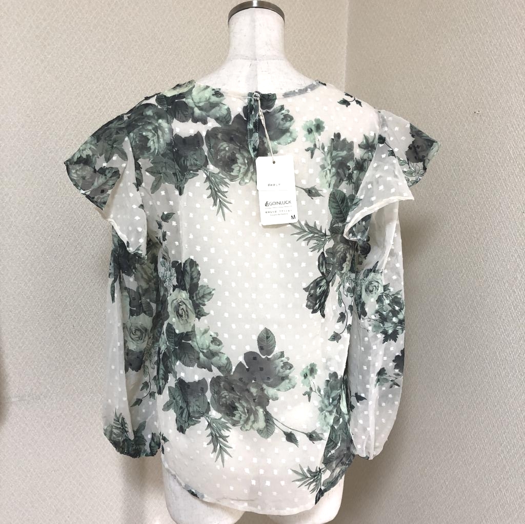 Goinluck レディース レースブラウス  花柄 秋色 プルオーバーブラウス シアーブラウス エレガント インナー付き グリーン 緑の画像5