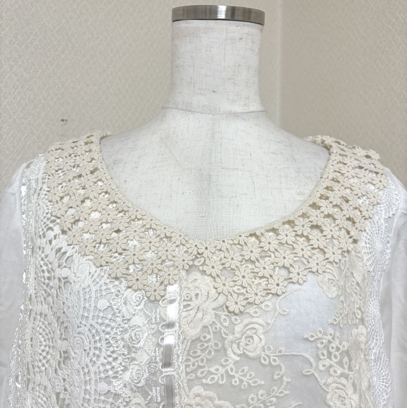 somari imagination レディース プルオーバーブラウス レース付き 長袖 ホワイト ナチュラル服 大きいサイズ_画像2