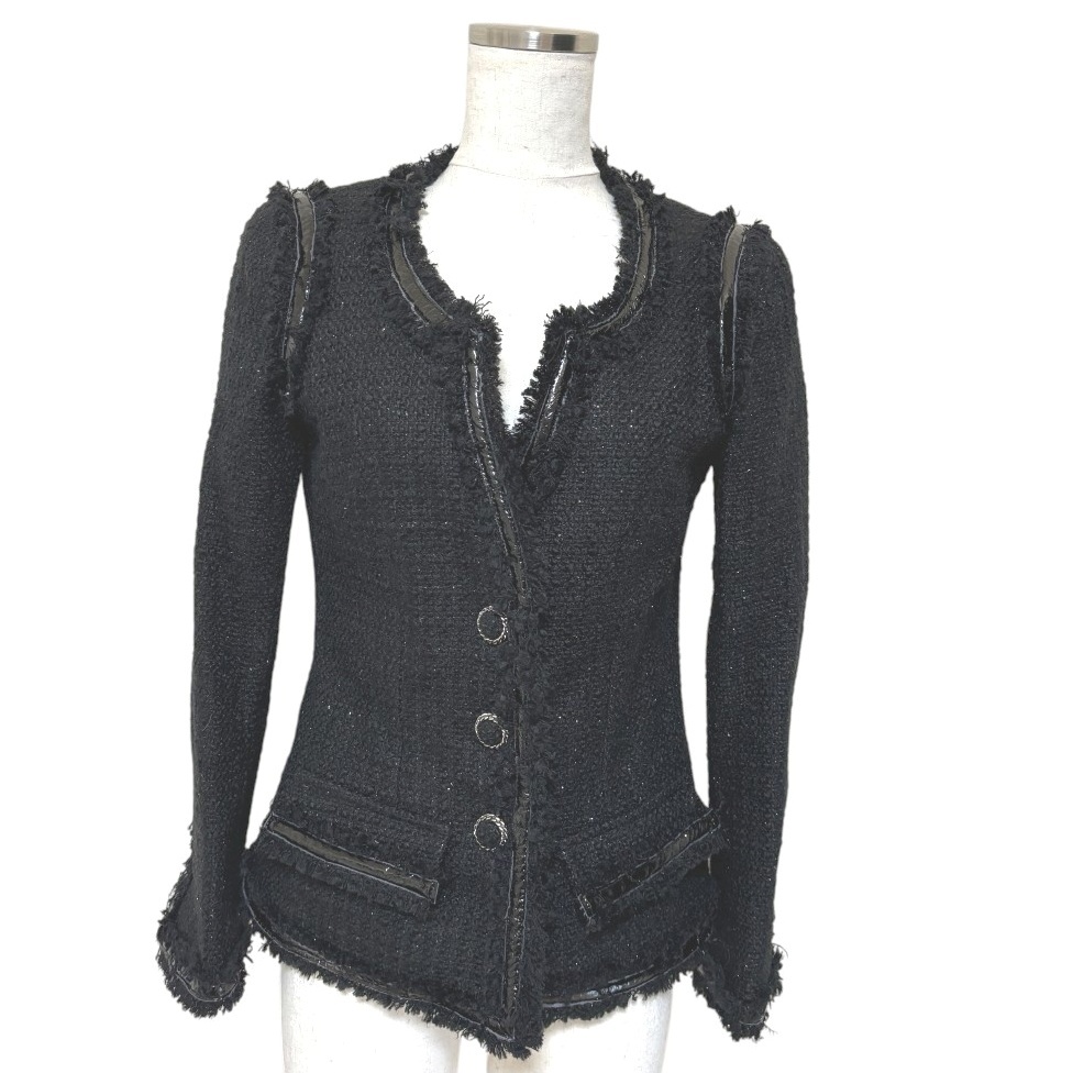 デュラスアンビエント レディース ツイード風ジャケット フリンジデザイン 黒 ブラック _画像1