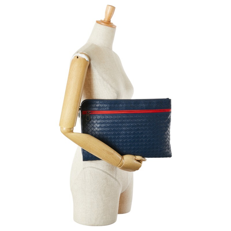 ボッテガヴェネタ イントレチャート クラッチバッグ ネイビー レッド レザー メンズ BOTTEGAVENETA 【中古】