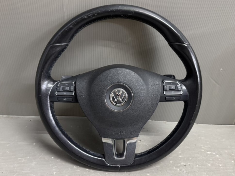 VW シャラン 右H (7NCAV) 純正 ステアリングホイール ホーンパット パドルシフト スイッチ付 レザー ハンドル 破損無 動作保証 p050814_画像1